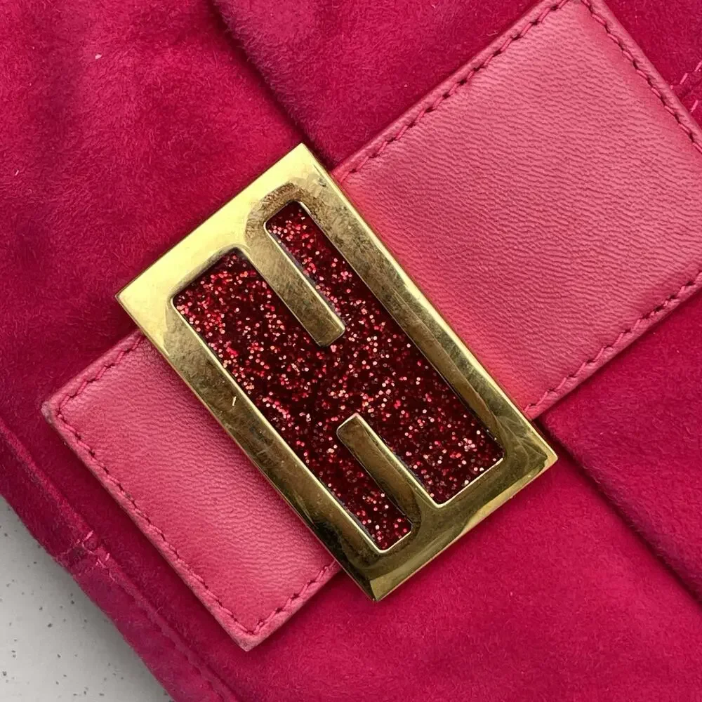 FENDI Mamma Baguette Pink Suede Gold Glitter Flap Shoulder Bag Purse - Picture 10 of 16